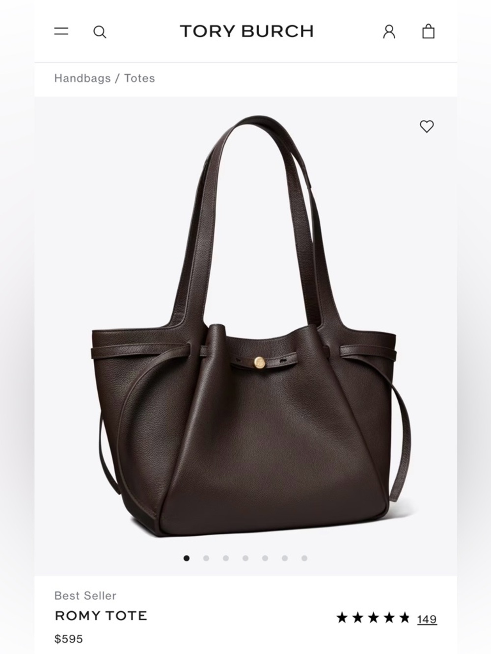 Tory Burch Dark Brown Pebbled Leather Romy Tote with Gold Accent